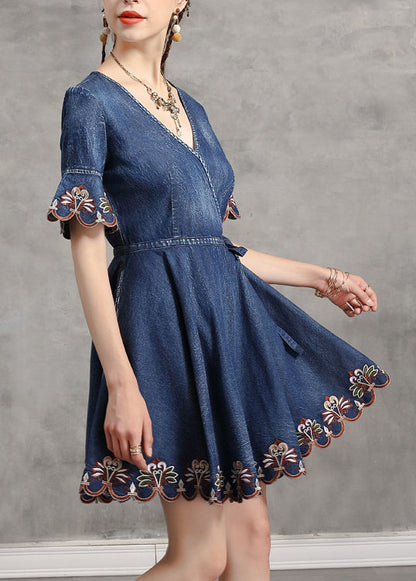 Unique Blue Tie Waist V Neck Embroideried Cotton Denim Dress Flare Sleeve