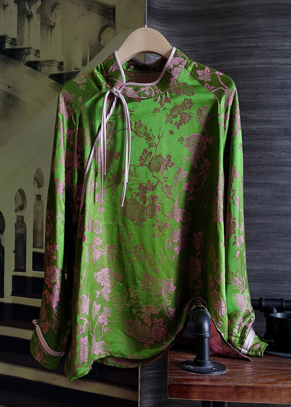Green Stand Collar Patchwork Jacquard Silk Tops Spring