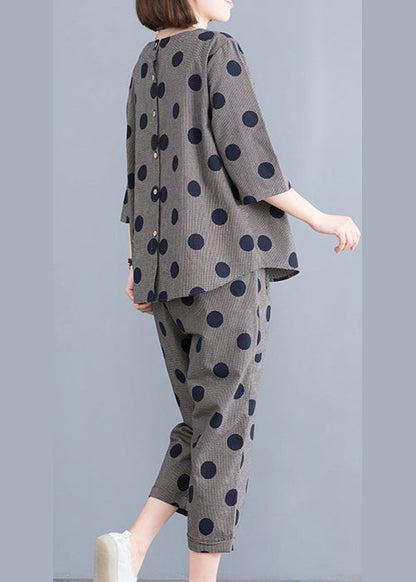 Black O-neck Button Plaid Dot Cotton Top Elastic Waist Pants Two Pieces Set Half Sleeve