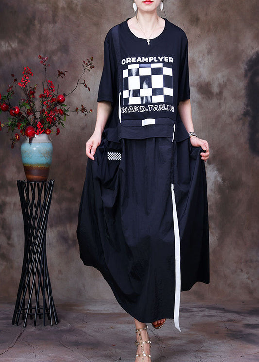 Black O-neck White Plaid Applique Oversized Cotton Sweatshirt Dresses Short Sleeve