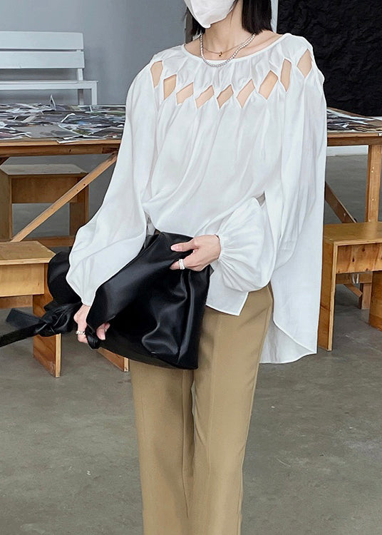 White O Neck Hollow Out Patchwork Cotton Shirt Top Fall