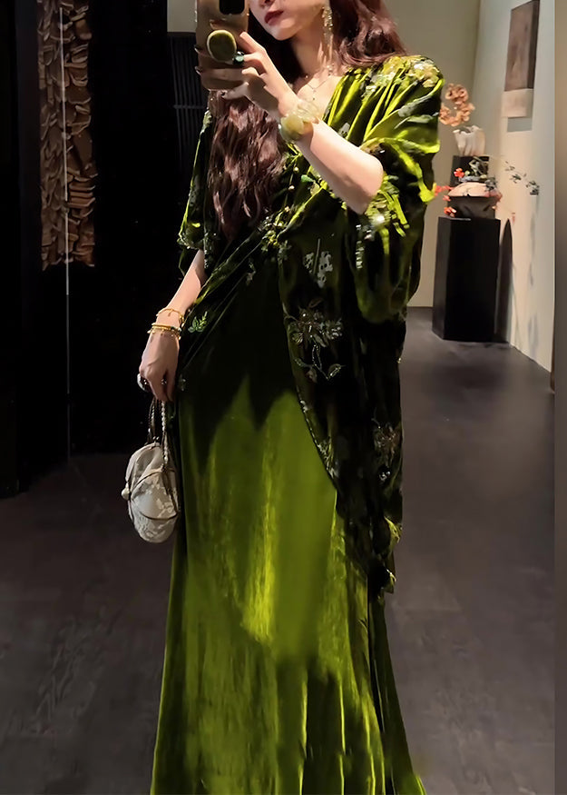Green V Neck Silk Velvet Coats and Maxi Dress Two Pieces Set Lantern Sleeve