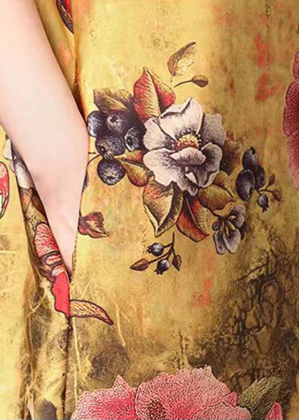 Yellow Stand Collar Pockets Print Silk Two Pieces Set Short Sleeve