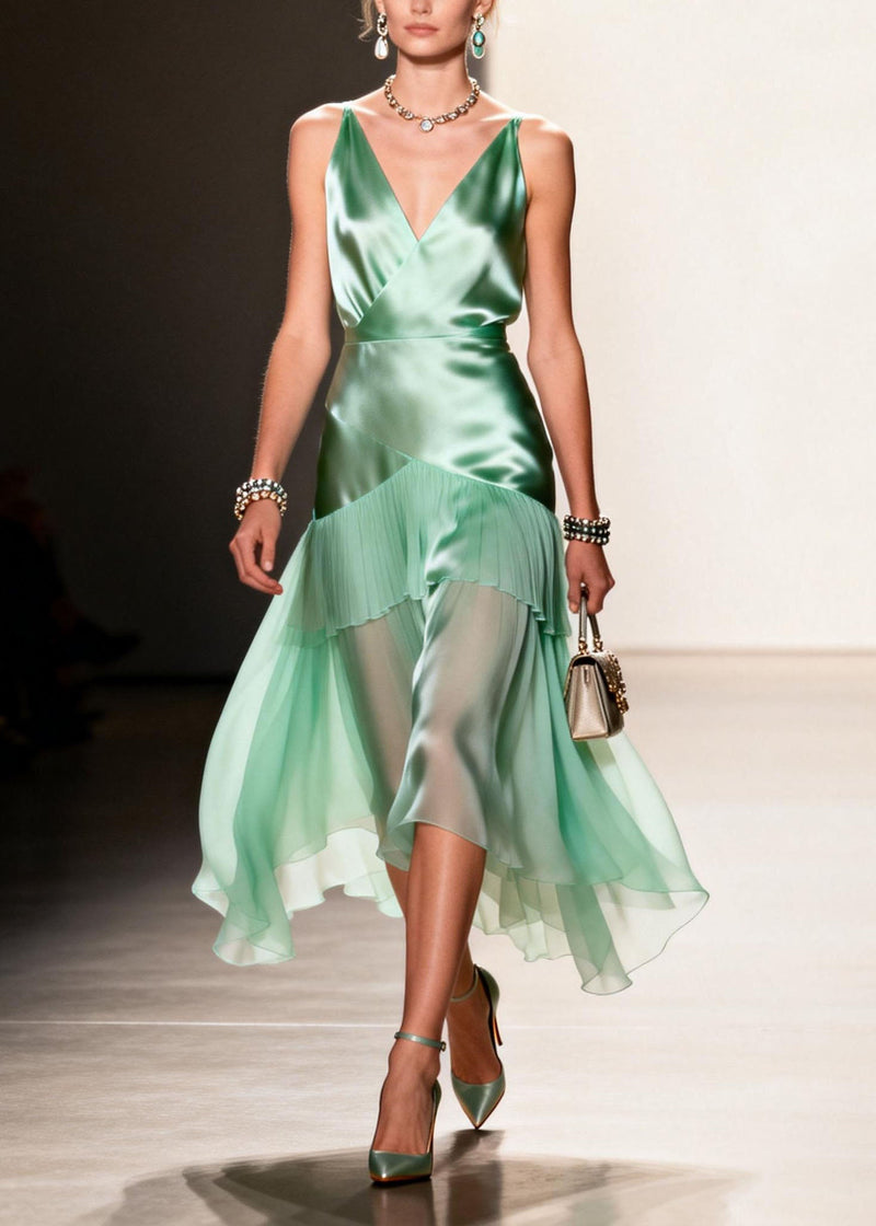 Green Ruffled Patchwork Chiffon Spaghetti Strap Dress Summer