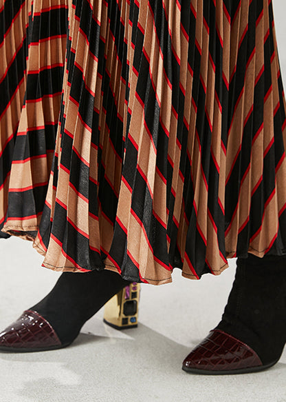 Coffee High Waist Striped Spandex Pleated Skirts Spring