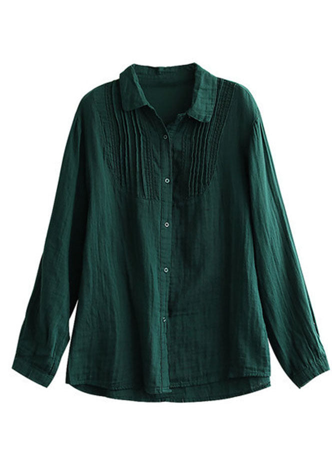 Green Peter Pan Collar Wrinkled Cotton Blouses Long Sleeve