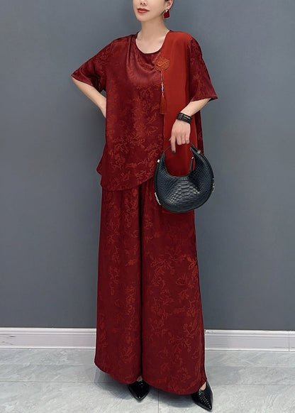 Jacquard Red Asymmetrical Patchwork Tassel Silk Top and Wide Leg Pants Two Pieces Set Short Sleeve