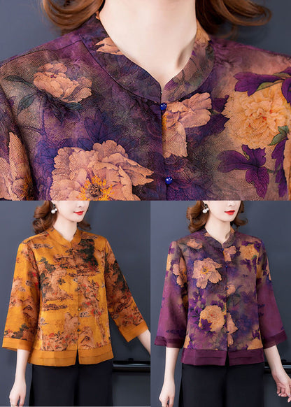 Yellow Stand Collar Print Silk Blouse Tops Bracelet Sleeve