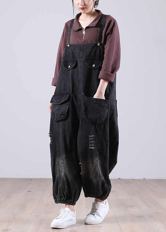 Black Pockets Button Fall Hole Denim Outfits Rompers