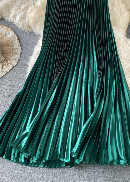 Green Satin Elastic Waist a Line Skirts Spring