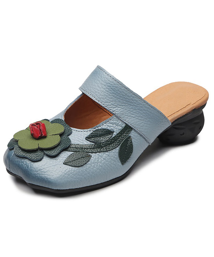 Retro Splicing Chunky Blue Cowhide Leather Slide Sandals