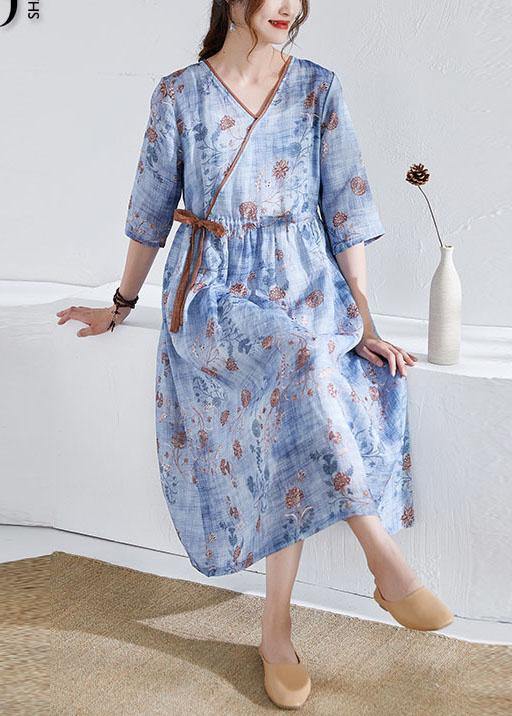 Modern Blue Tie Waist Patchwork Print Summer Ramie Dress Half Sleeve