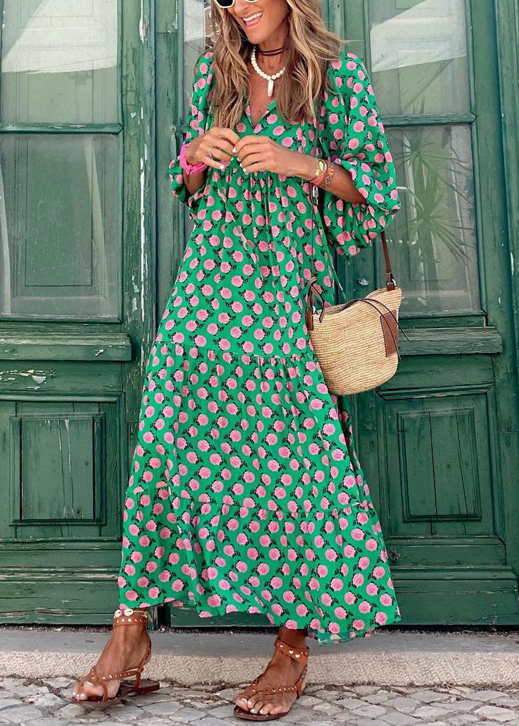 Green V Neck Print Cotton Long Dresses Puff Sleeve