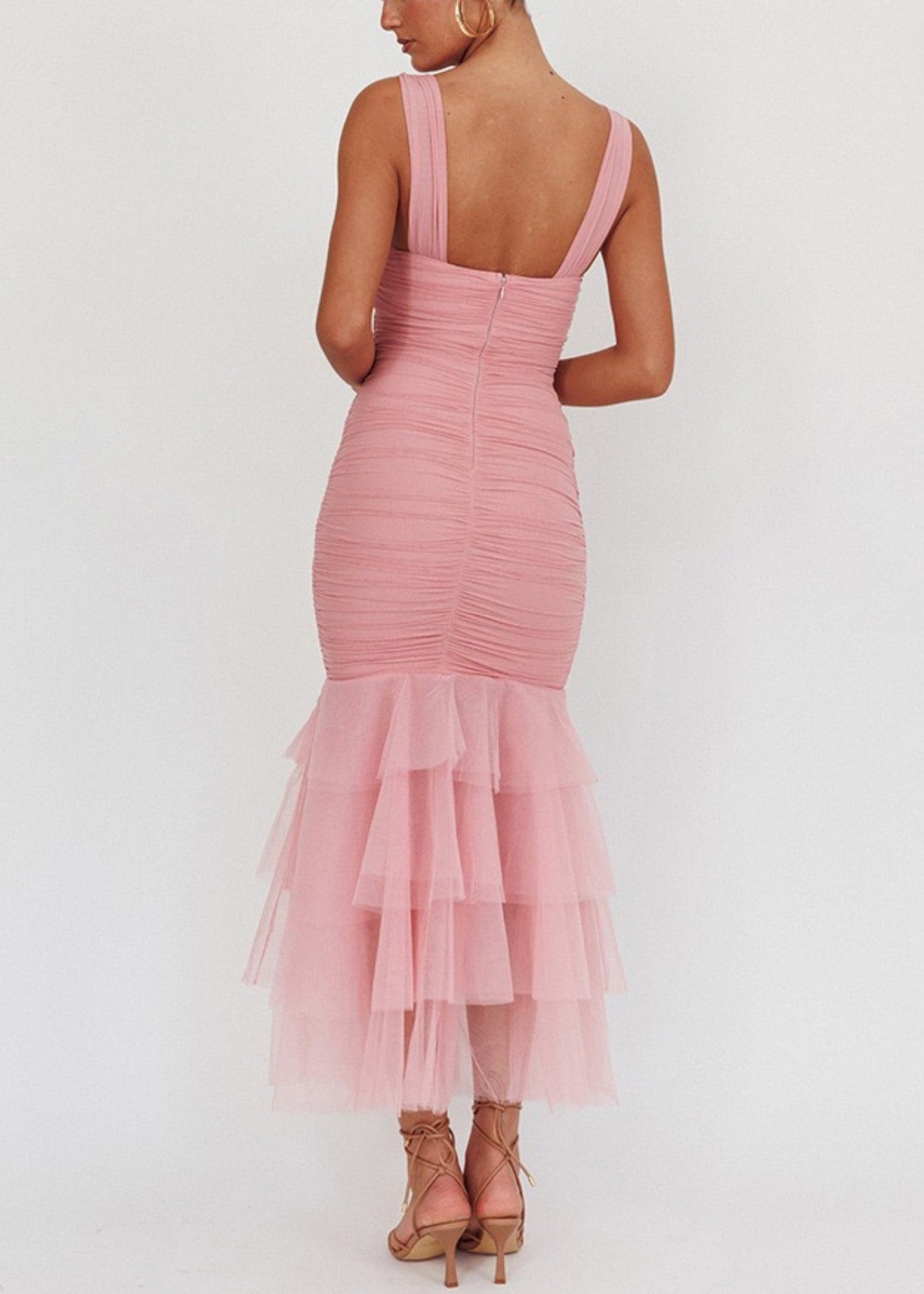 Slim Fit Pink Wrinkled Tulle Patchwork Long Dress Sleeveless Summer