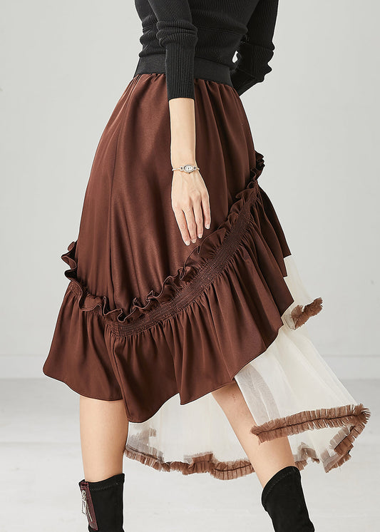 Brown Asymmetrical Patchwork Ruffled Tulle Skirts Spring