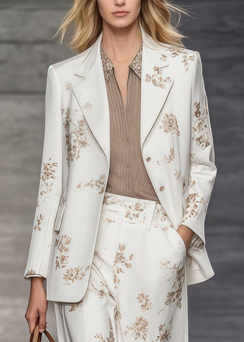 White Print Draping Spandex Coat and Straight Pants Two Piece Set Oversized Spring