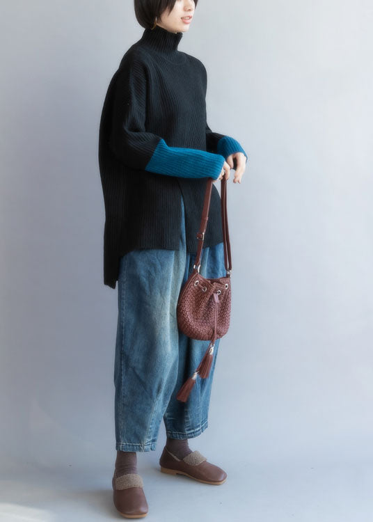 Black Turtle Neck Patchwork Knit Sweaters Spring
