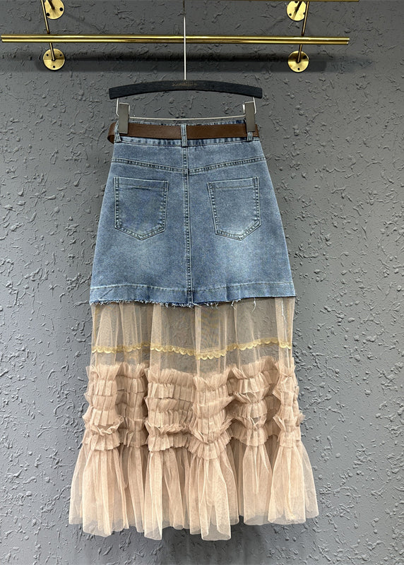 Colorblock Tulle Ruffled Pockets Patchwork Denim Skirt Fall