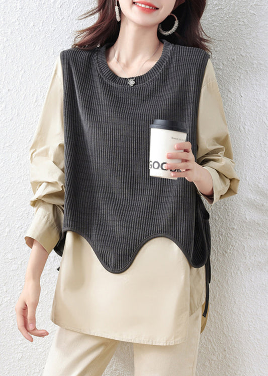 Khaki Oversized Patchwork Cotton Fake Two Piece Tops Fall