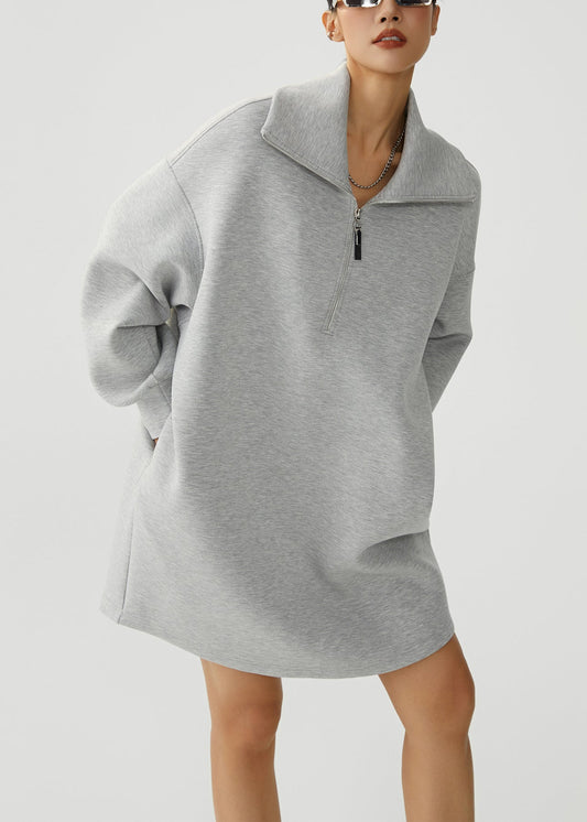 Grey Zip Up Pockets Warm Fleece Sweatshirt Dress Winter