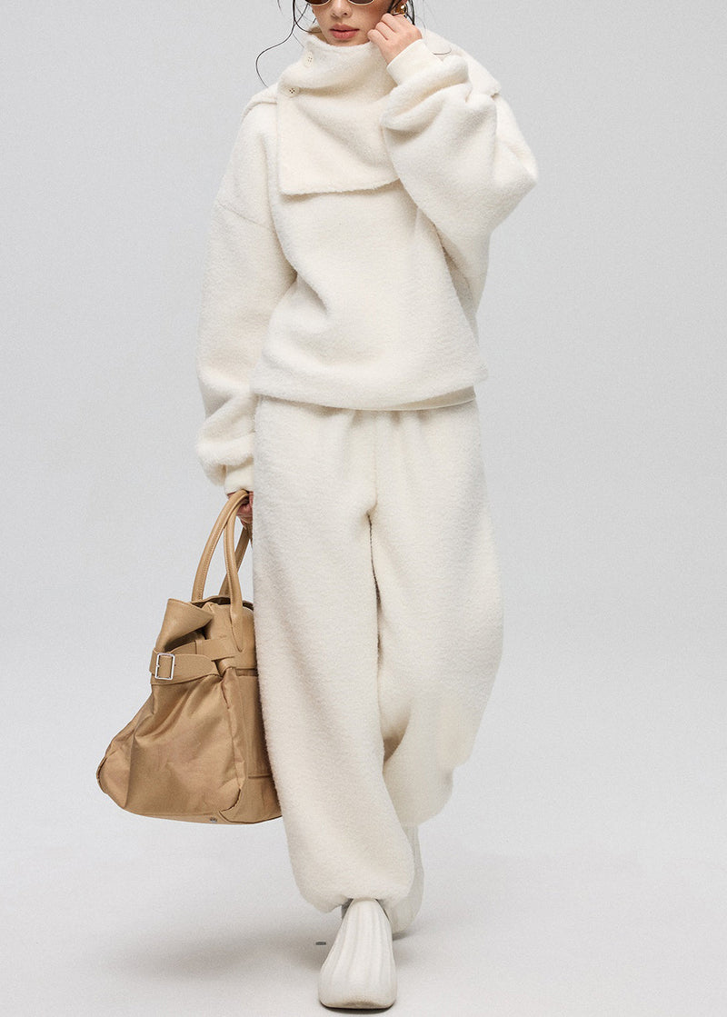 Loose White O-neck Button Teddy Faux Fur Three Pieces Set Winter