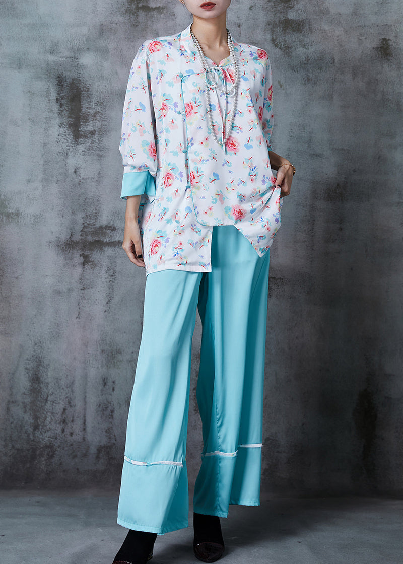 Unique Light Blue Asymmetrical Print Draping Silk Two Piece Set Summer