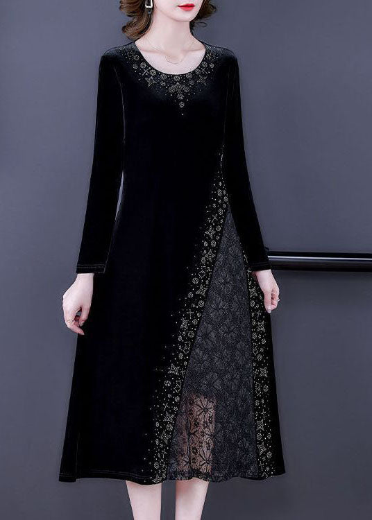 Style Black O-neck Lace Patchwork Hollow Out Silk Velour Dress Spring