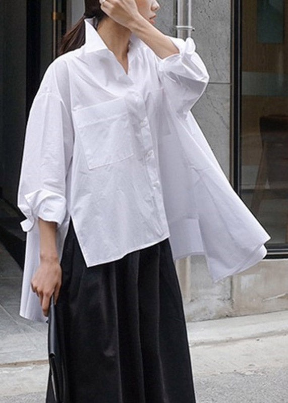 Natural Yellow Flower Peter Pan Collar Low High Design Button Pockets Cotton Shirts Long Sleeve Fall
