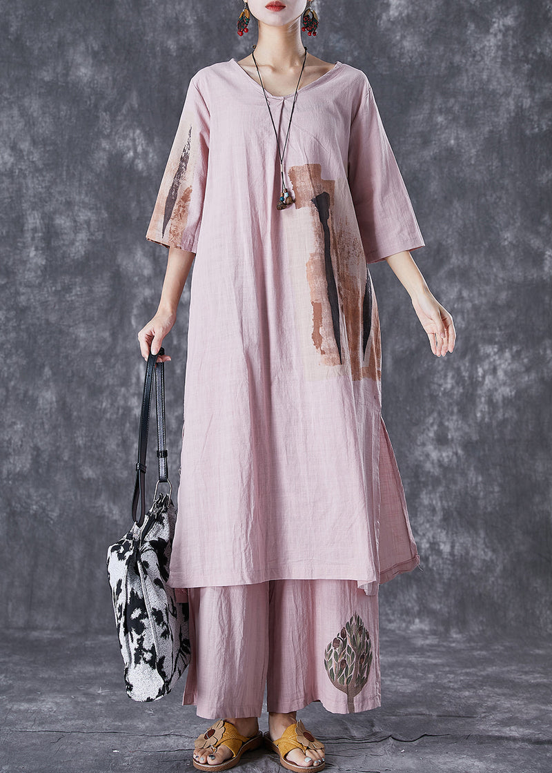 Italian Pink Oversized Print Linen Dress and Pants Sets 2 Pieces Summer
