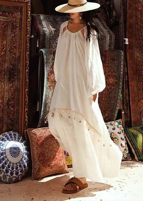 White Tasseled Hollow Out Cotton Holiday Dress Spring