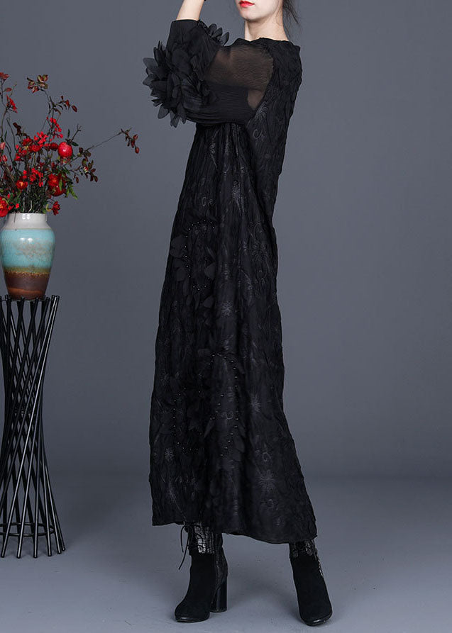 Black V Neck Wrinkled Nail Bead Fall Long Dresses