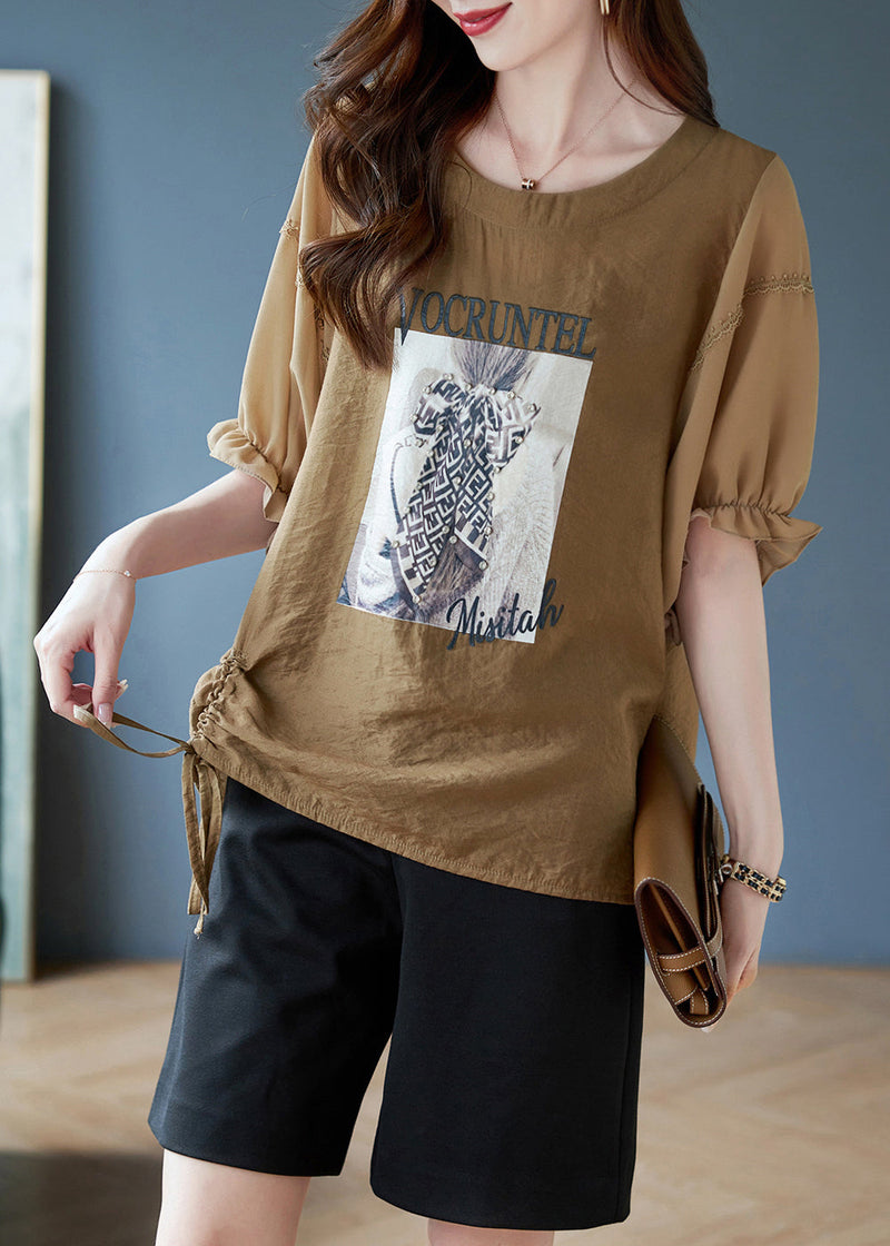 Coffee O-neck Print Drawstring Chiffon T Shirts Batwing Sleeve