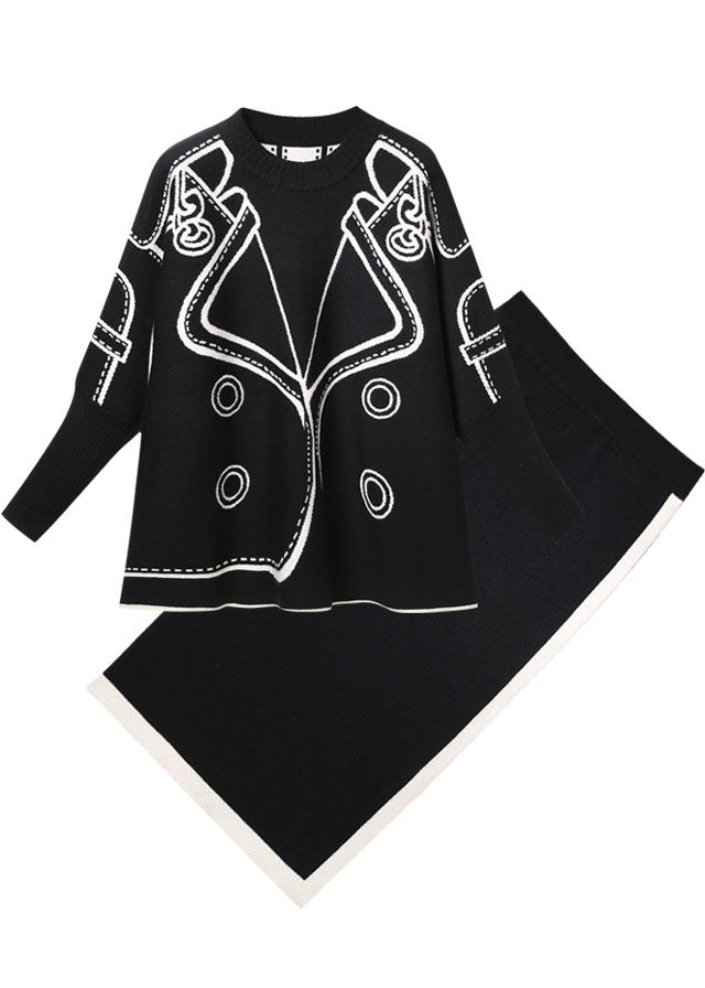 Black Tasseled Patchwork Knit Two Pieces Set Winter