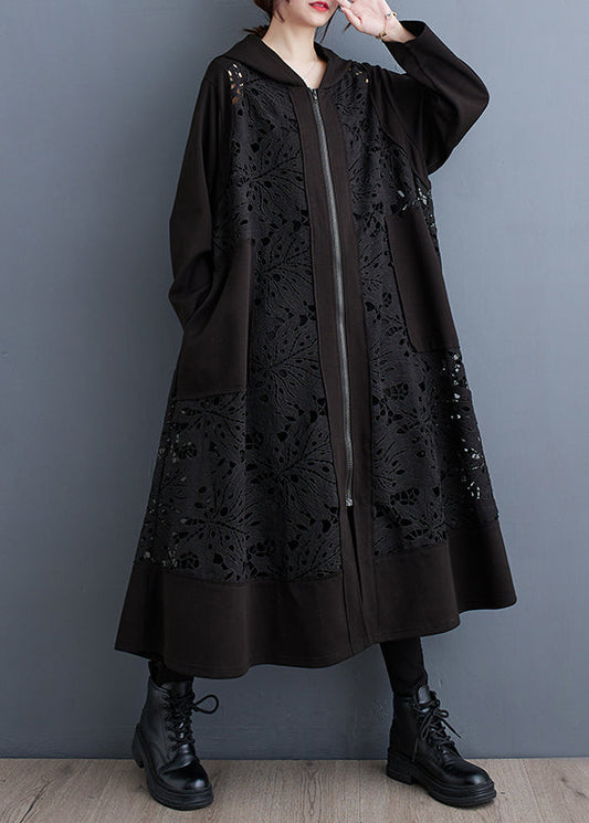Black Oversized Patchwork Hollow Out Cotton Coat Spring