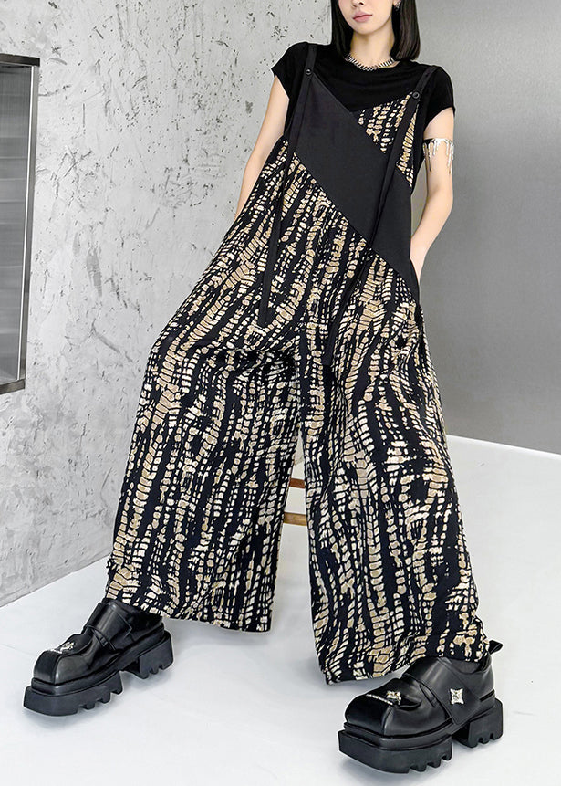 Black Oversized Patchwork Print Cotton Jumpsuits Summer