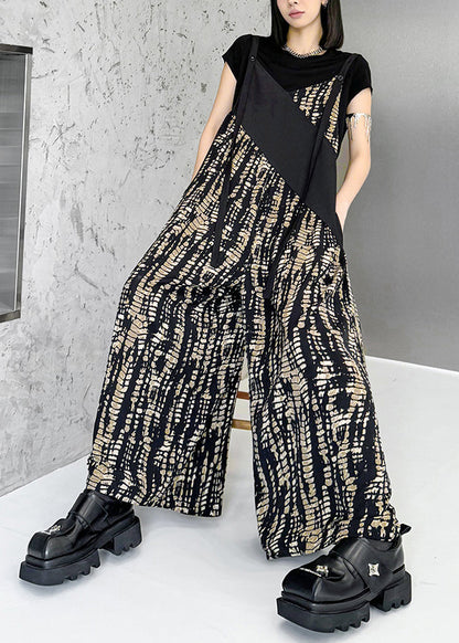 Black Oversized Patchwork Print Cotton Jumpsuits Summer