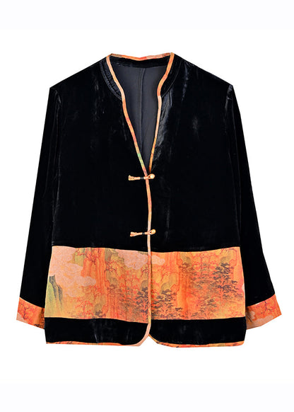 Black V Neck Print Patchwork Button Silk Velour Coats Fall