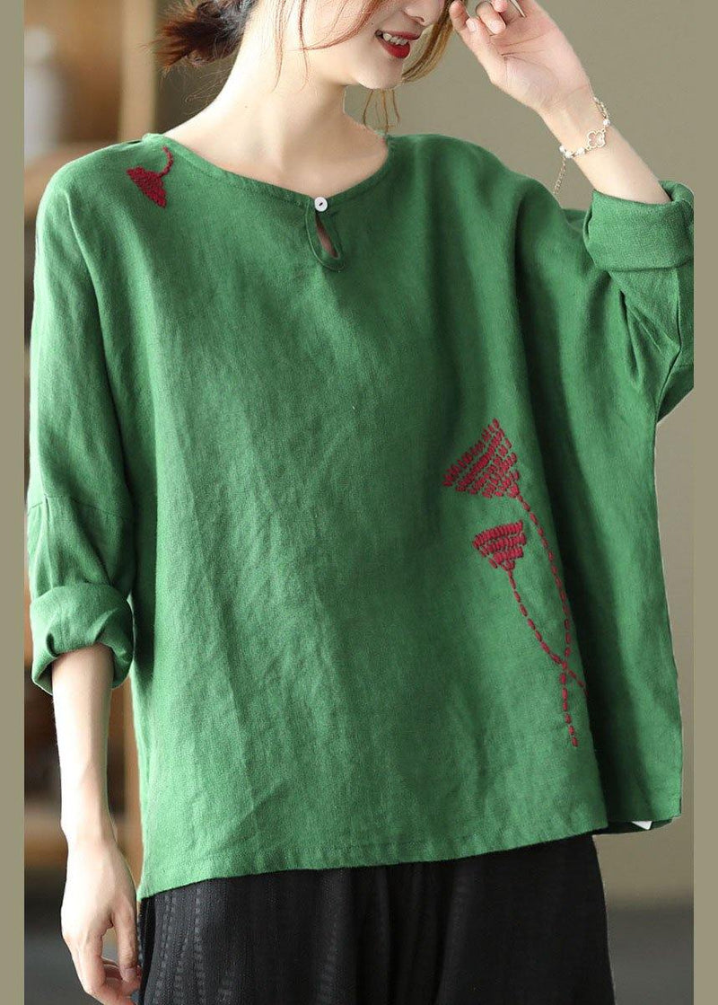 Green Loose Embroideried Fall Cotton Blend Shirt Tops Long Sleeve
