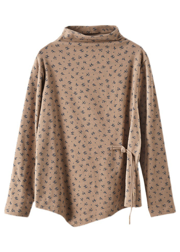 Diy Khaki Asymmetrical Print Cotton Top Long Sleeve