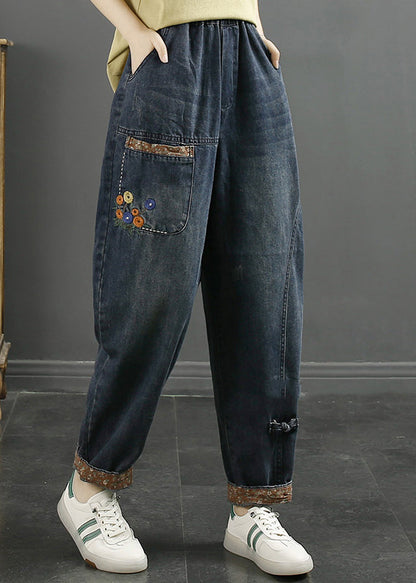 Loose Denim Blue Embroideried Pockets Elastic Waist Jeans Fall