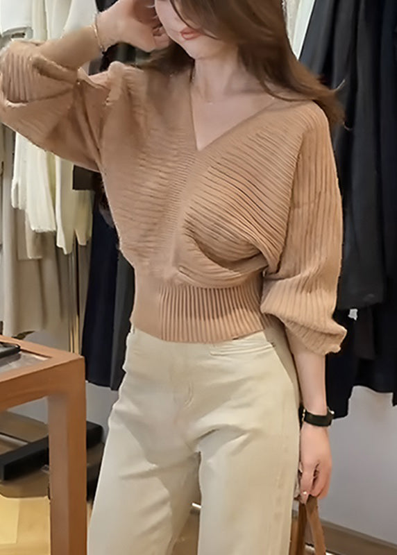 Khaki V Neck Patchwork Cozy Cotton Knit Sweater Fall