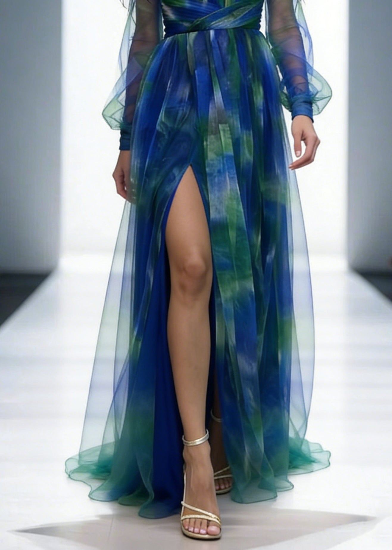 Mesh Tulle Off Shoulder Pleated Slit Evening Maxi Dress