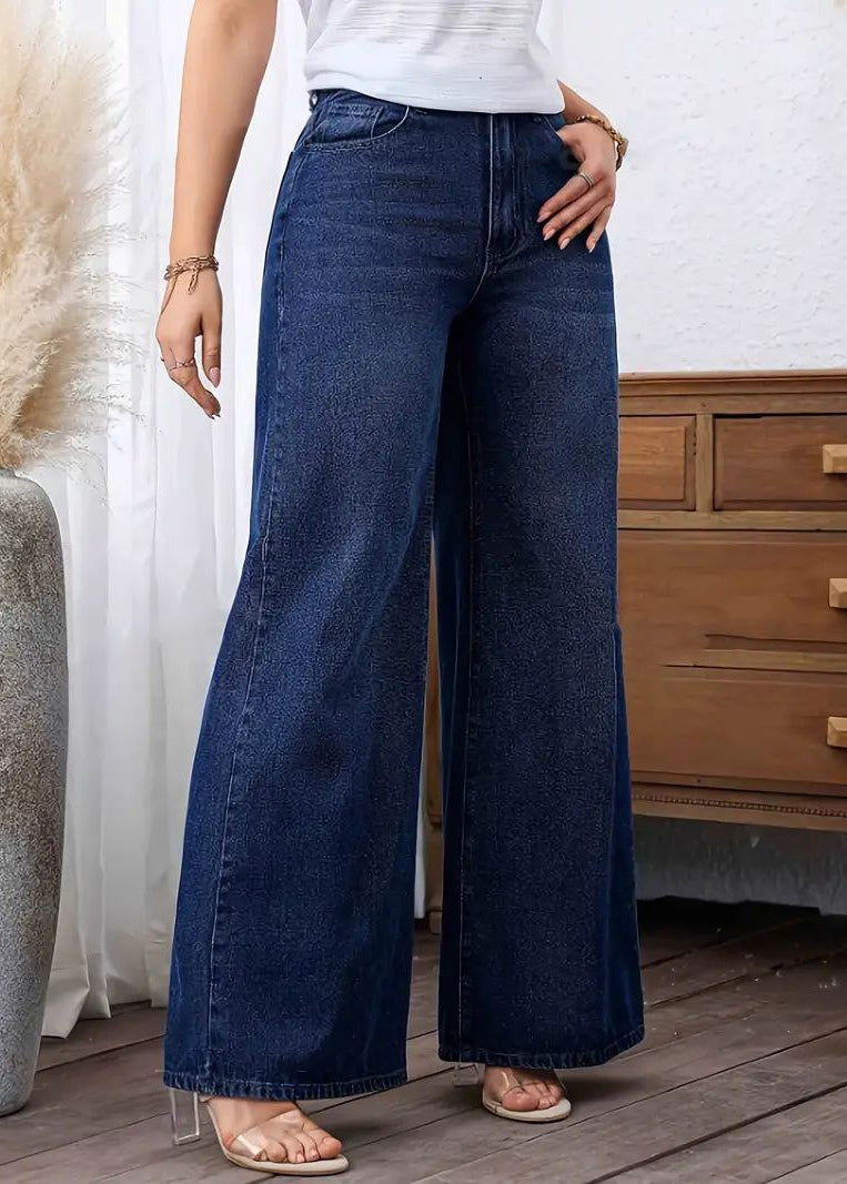 Dark Blue Pockets Patchwork Wide Leg Jeans Fall