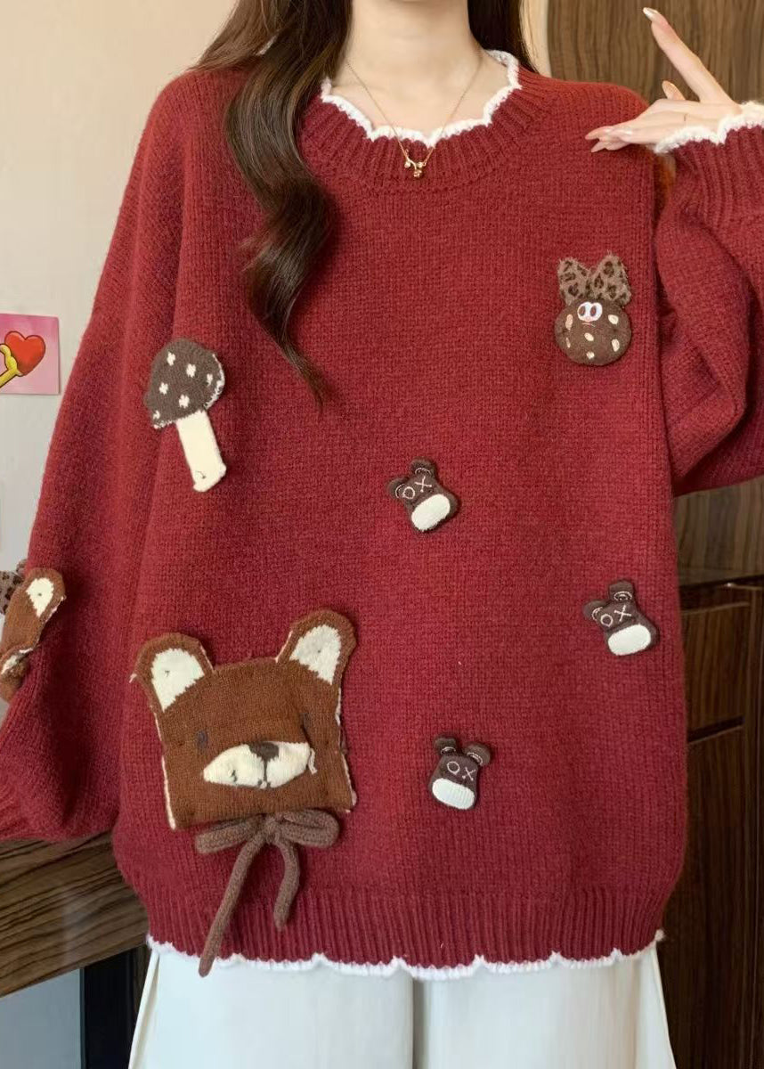 Khaki O Neck Cartoon Knit Sweaters Winter