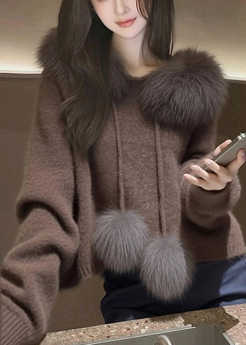 Modern Brown Hooded Patchwork Faux Fur Knit Sweater Tops Spring