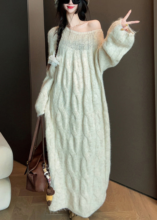 Beige Hollow Out Long Cable Knit Dress Spring
