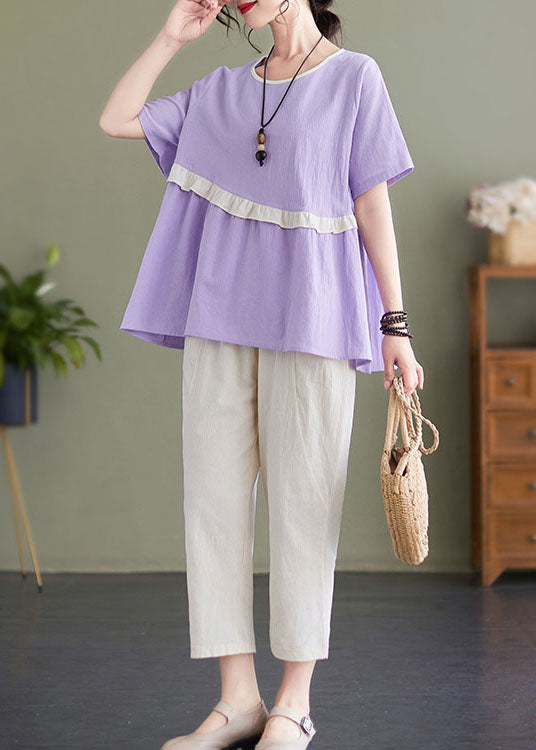 Light Purple O-neck Ruffled Patchwork Cotton Tops and Harem Pants Two Pieces Set Summer