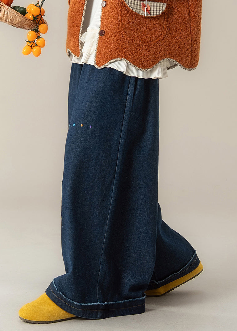 Dark Blue Pockets Print Patchwork Denim Pants Winter