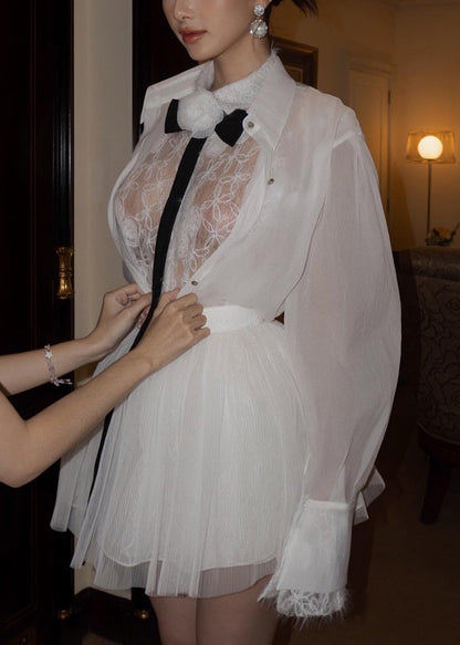 White Embroidered Lace Shirts and Skirts Tulle Two Pieces Set