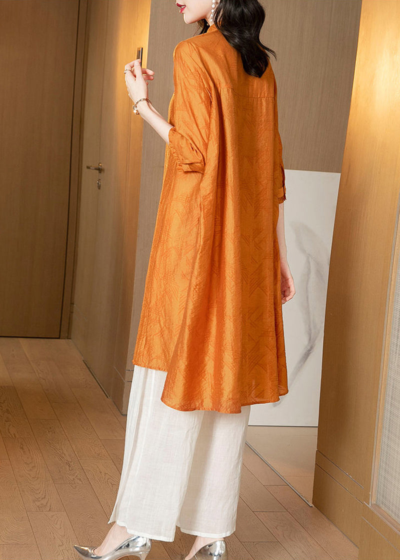 Yellow Stand Collar Oversized Silk Two Pieces Set Summer